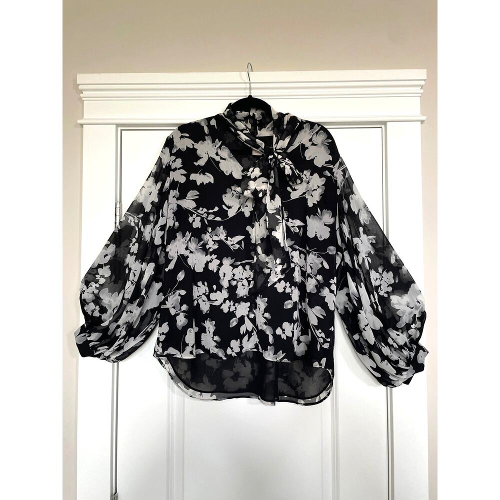 Floral Whimsigoth Pussycat Bow Long Sleeve Blouse Chico's Sz 3P / 16P 18P XL Pet